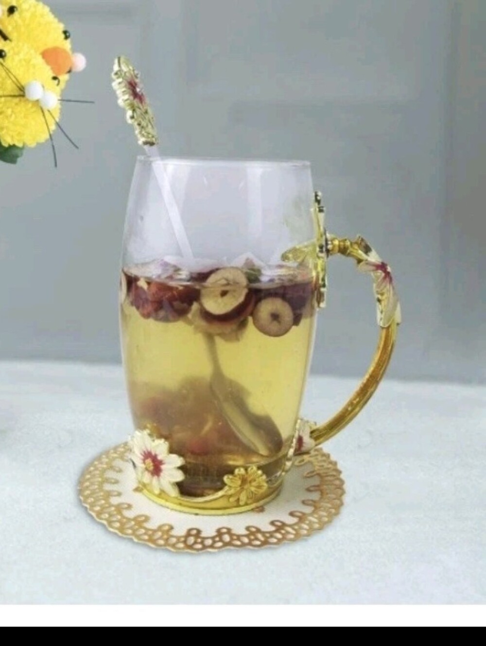Ornate Gold Glass Mug with Floral Accents